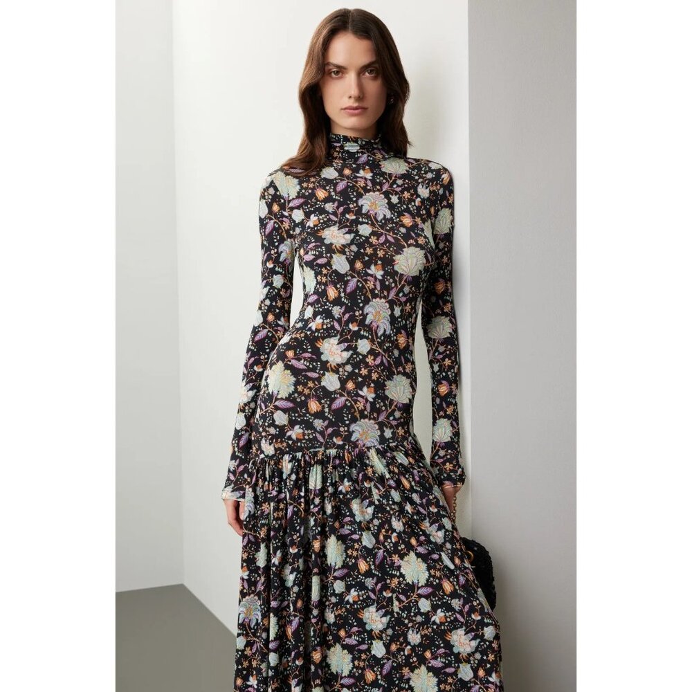 Ulla Johnson Black Floral Turtleneck Long-Sleeve Maxi Dress